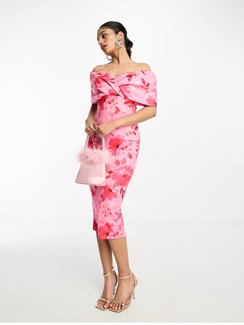 ASOS Pink Floral One-Shoulder Midi Dress